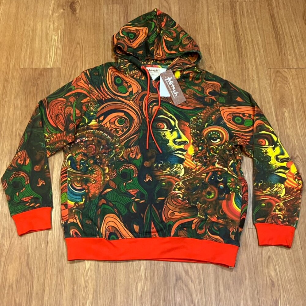 AGTAWH Men French Terry Abstract Motif Print Hoodie Multicolor Size L